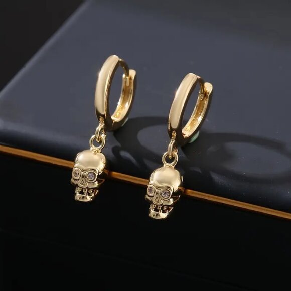 14K Gold Womens Small Hannging Drop Skull Hoop Earrings New 14 K Silver Jewelry
